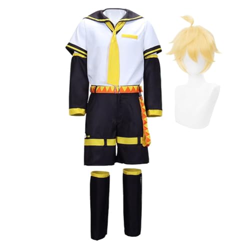 Aulande Kagamin Rin/Len Cosplay Kostüm Halloween Outfits Anime Sailor Uniform Komplettes Set (Kagamine Len Suit + Wig, 3XL) von Aulande