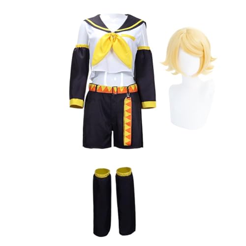 Aulande Kagamin Rin/Len Cosplay Kostüm Halloween Outfits Anime Sailor Uniform Komplettes Set (Kagamine Rin Suit + Wig, 3XL) von Aulande