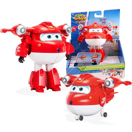 Super Wings EU740283 - Transformations-Flugzeug Supercharged Jett, ca. 12,7 cm große Spiel-Figur für Kinder, verwandelbares Spielzeug-Flugzeug und Roboterfigur, Rot von Super Wings