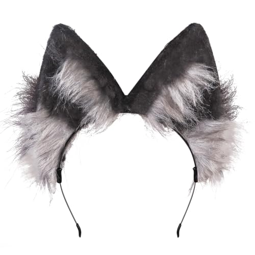 Auliuse Handgefertigter Kunstpelz Fuchs Wolf Ohren Stirnband Pelztier Ohr Haarband Tier Cosplay Haarreifen Frauen Männer Kopf Zubehör für Cosplay Halloween Kostüm Anime Kleid Grau von Auliuse