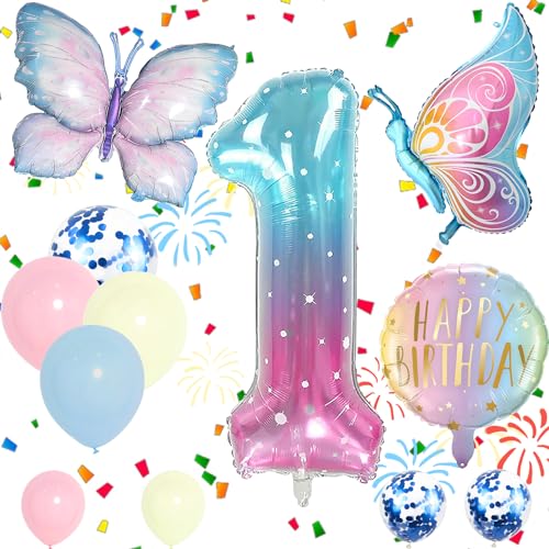 Folienballons Set Zahl 1 Blau Rosa 1. Geburtstag Party Ballon Mädchen Schmetterling Luftballons Dekorationen Supplies für Babyparty Dekorationen Schule Party Feier (Nummer 1) von Auliuse