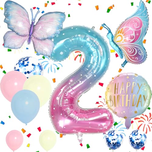 Folienballons Set Zahl 2 Blau Rosa 2 Geburtstag Party Ballon Mädchen Schmetterling Luftballons Dekorationen Supplies für Babyparty Dekorationen Schule Party Feier (Nummer 2) von Auliuse