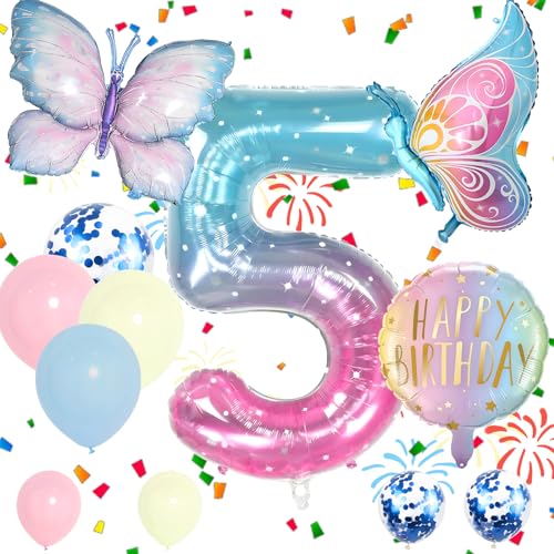 Folienballons Set Zahl 5 Blau Rosa 5 Geburtstag Party Ballon Mädchen Schmetterling Luftballons Dekorationen Supplies für Babyparty Dekorationen Schule Party Feier (Nummer 5) von Auliuse