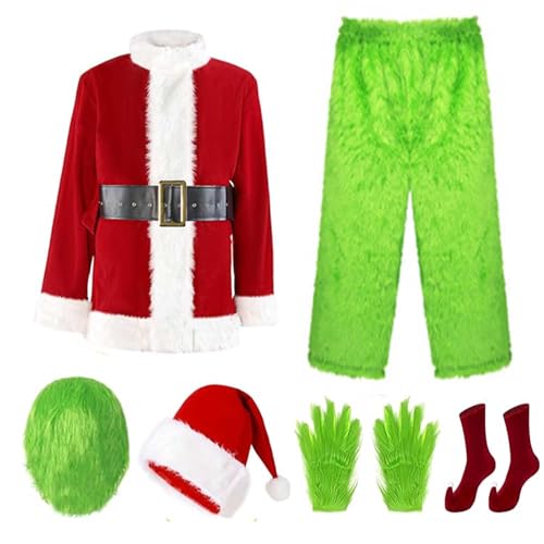 Aunaeyw 7pcs Green Monster Christmas Santa Costume Set, Deluxe Furry Green Monster Fancy Outfits Halloween Xmas Cosplay Costume Props (A1, L) von Aunaeyw