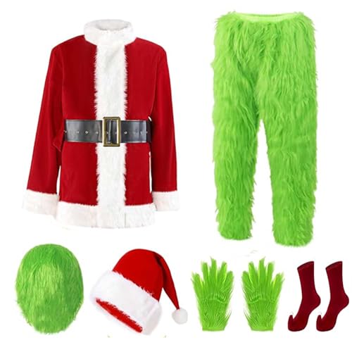 Aunaeyw 7pcs Green Monster Christmas Santa Costume Set, Deluxe Furry Green Monster Fancy Outfits Halloween Xmas Cosplay Costume Props (A2, L) von Aunaeyw