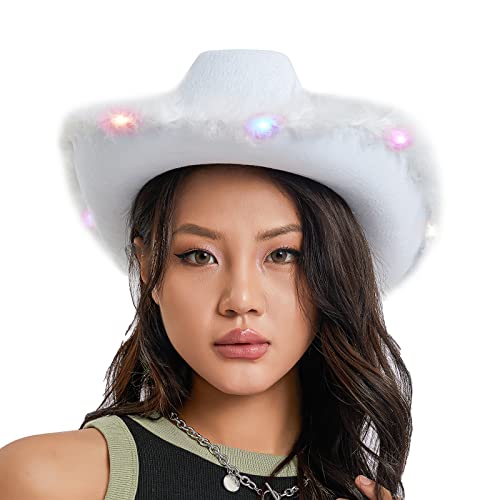 Aunaeyw Cowboyhut mit farbenfrohen LED -leichten, lustigen Party Disco Pink Cowgirl Hut pelziger Breitkrempe für Frauen Männer Kostümzubehör (Weiss) von Aunaeyw