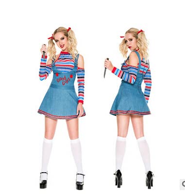 Aunaeyw Damen Zweiteilige Halloween Kostüme Scary Nightmare Killer Doll Wanna Play Movie Character Bodysuit Chucky Doll Costume Set (E-Blue, M) von Aunaeyw