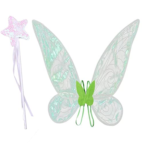 Aunaeyw Fee Flügel für Mädchen Kinder Erwachsene Schmetterling Fee Flügel Elf Engel Flügel Halloween Kostüm für Sparkle Princess Party Favor (Green fairy wings with Magic Wand) von Aunaeyw