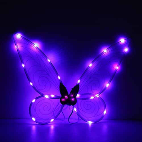 Aunaeyw Fee Flügel für Mädchen Kinder Erwachsene Schmetterling Fee Flügel Elf Engel Flügel Halloween Kostüm für Sparkle Princess Party Favor (Purple fairy wings with Light) von Aunaeyw