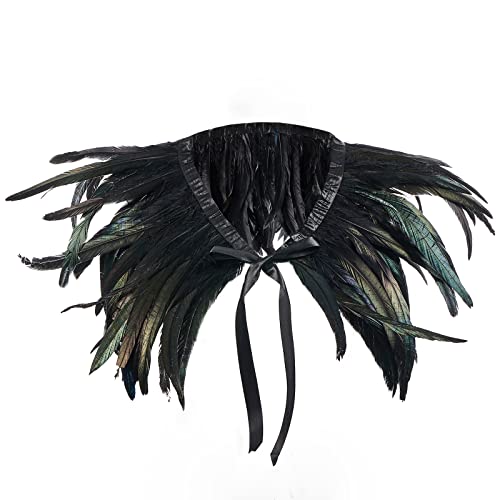 Aunaeyw Women Natural Feather Cape Maleficent Costume Gothic Lacing Shawl Shrug Collar Feather Cape for Halloween Cosplay Christmas Party (Black Green, OneSize) von Aunaeyw