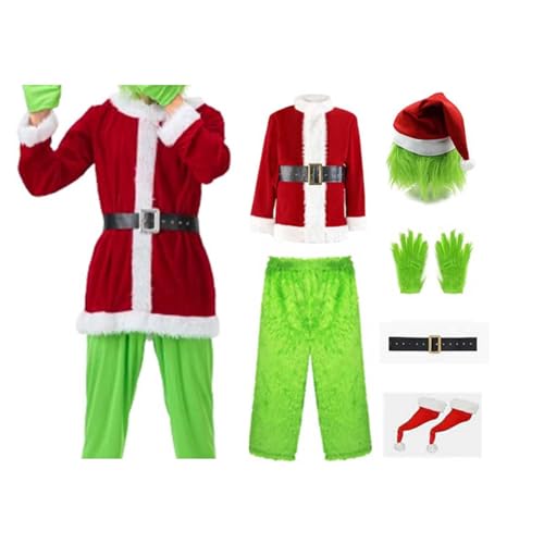 Aunaeyw Green Monster Christmas Santa Claus Costume Set Deluxe Furry Fancy Dress Outfit Halloween Xmas Funny Cosplay Costume Props for Women Men How Stole Christmas Costume Set von Aunaeyw