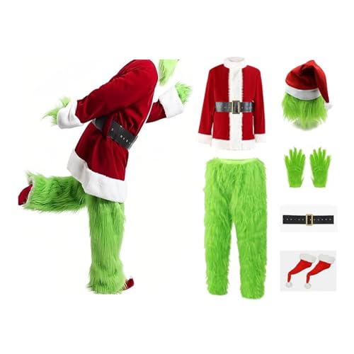 Aunaeyw Green Monster Christmas Santa Claus Costume Set Deluxe Furry Fancy Dress Outfit Halloween Xmas Funny Cosplay Costume Props for Women Men How Stole Christmas Costume Set von Aunaeyw