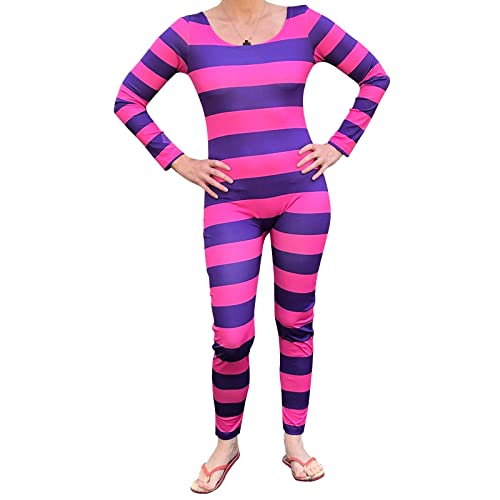 Aunaeyw Grinsekatzen-Kostüm für Damen, Halloween-Kostüm, rosa lila gestreifter Katzen-Overall, Cosplay, Outfit, Party, Einteiler-Kostüm (rosa lila, M) von Aunaeyw