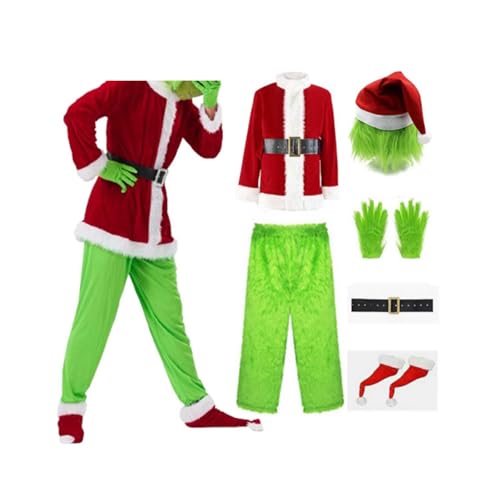 Aunaeyw Grünes Weihnachtsmann Kostüm Set für Erwachsene und Kinder, Deluxe, pelziges Kostüm, Outfit, Halloween, Weihnachten, lustiges Cosplay-Kostüm, Requisiten (A1, 3XL) von Aunaeyw