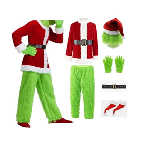 Aunaeyw Grünes Weihnachtsmann Kostüm Set für Erwachsene und Kinder, Deluxe, pelziges Kostüm, Outfit, Halloween, Weihnachten, lustiges Cosplay-Kostüm, Requisiten (A2, L) von Aunaeyw