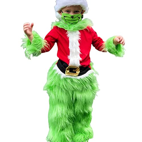 Aunaeyw Grünes Weihnachtsmann-Kostüm-Set für Erwachsene und Kinder, Deluxe, pelziges Kostüm, Outfit, Halloween, Weihnachten, lustiges Cosplay-Kostüm, Requisiten von Aunaeyw