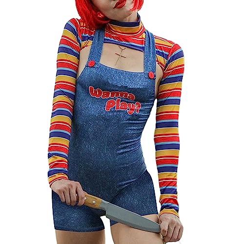 Aunaeyw Halloween-Kostüme für Damen, gruseliger Albtraum-Killer, Puppe, Wanna Play, Filmfigur, Body, Chucky-Puppe, Kostüm-Set (Blau, M) von Aunaeyw