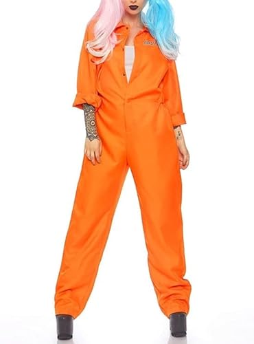 Aunaeyw Orangefarbenes Gefangenen-Kostüm für Herren und Damen, entkommen aus dem Gefängnis, Overall, Insassenuniform, Halloween, Rollenspiel, Party-Outfits (Damen, Orange, S) von Aunaeyw