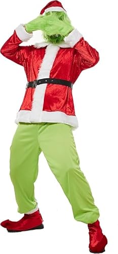 Aunaeyw Weihnachtsmann-Kostüm-Set für Erwachsene und Kinder, grünes pelziges Kostüm-Outfit, Halloween, Weihnachten, lustiges Cosplay-Kostüm, Requisiten von Aunaeyw