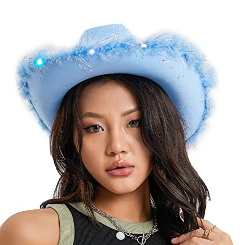 Aunaeyw Cowboyhut mit farbenfrohen LED -leichten, lustigen Party Disco Pink Cowgirl Hut pelziger Breitkrempe für Frauen Männer Kostümzubehör (Blau) von Aunaeyw