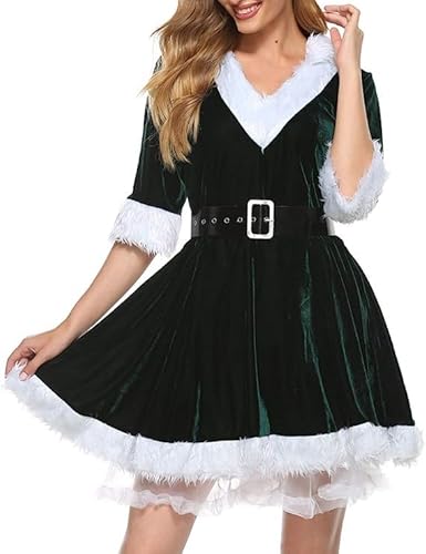 Frauenkostüm, Weihnachtsmann-Kostüm, Cosplay, mit Kapuze, flauschiger Samt mit Gürtel, für Weihnachtsfeier, Grün, Größe S von Aunaeyw