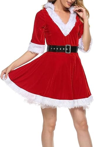 Frauenkostüm, Weihnachtsmann-Kostüm, Cosplay, mit Kapuze, flauschiger Samt mit Gürtel, für Weihnachtsfeier, Rot, Größe S von Aunaeyw