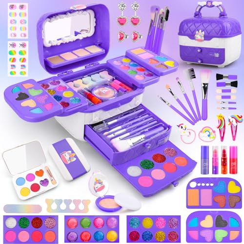 Auney Kinderschminke Set Schminkkoffer Mädchen,80PCS Waschbar Schminke Kinder Schminkset Mädchen, Schminktisch Kinder Make Up Set Mädchen Spielzeug Einhorn Geschenke für Mädchen 4-10 Jahre(violett) von Auney