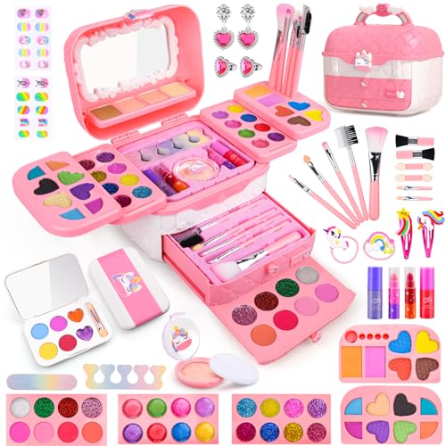 Auney Kinderschminke Set Schminkkoffer Mädchen,80PCS Waschbar Schminke Kinder Schminkset Mädchen, Schminktisch Kinder Make Up Set Mädchen Spielzeug Einhorn Geschenke für Mädchen 4 5 6 7 8 9 10 Jahre von Auney