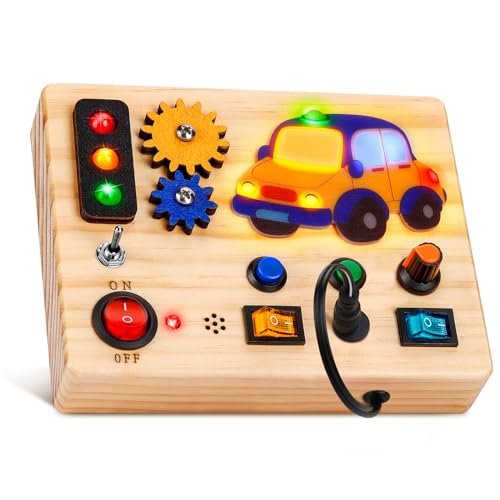 Auney Montessori Busy Board Activity Board ab 1 Jahr Auto-Lichtschalter Spielzeug, LED Holzspielzeug Sensorisches Lernspielzeug für Baby Kleinkinder Jungen Mädchen ab 1 2 3 Jahre von Auney