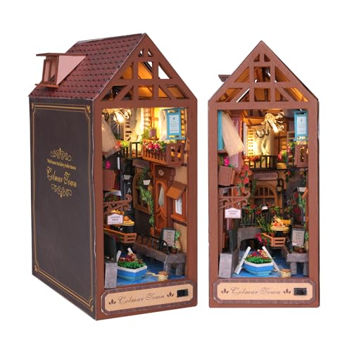 Auniq Book Nook Kit, 3D Puzzle Buchstützen aus Holz Miniatur Puppenhaus Kit mit LED-Licht Modellbausätze DIY Bücherecke Bücherregal einfügen Dekor Booknook Geschenken für Jugendliche und Erwachsene von Auniq