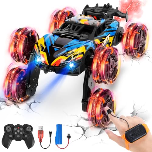 Auniq Ferngesteuertes Auto, 6WD RC Stunt Car mit Gestensensorik 360°-Drehung und Drift Fahrzeuge RC Auto 1:24 Rc Offroad Spielzeug mit Spray und Licht, Kinder Elektroauto Geschenk für Jungen Mädchen von Auniq