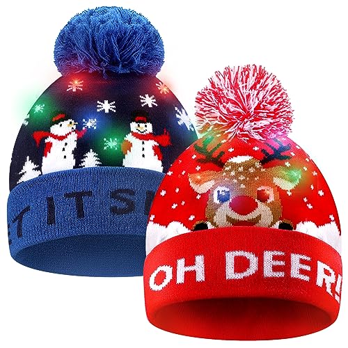 Auniq LED Weihnachten Hut, LED Leuchten Hut Mütze LED Xmas Weihnachten Hut Beanie Mütze Warme Wintermütze Strickmütze Hässlich Urlaub Party Geschenk Kappe Hut für Männer Frauen Kinder (Blau+Rot) von Auniq