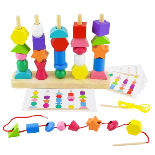 Auptiz 2-in-1 Montessori Spielzeug Stapelspiel Fädelspiel,Toys of Wood Stapelturm Holz für Baby und Kleinkind,Stapeln und Sortieren Bausteine Feinmotorik Motorikspielzeug für Kinder ab 2 3 4 5 Jahr von Auptiz