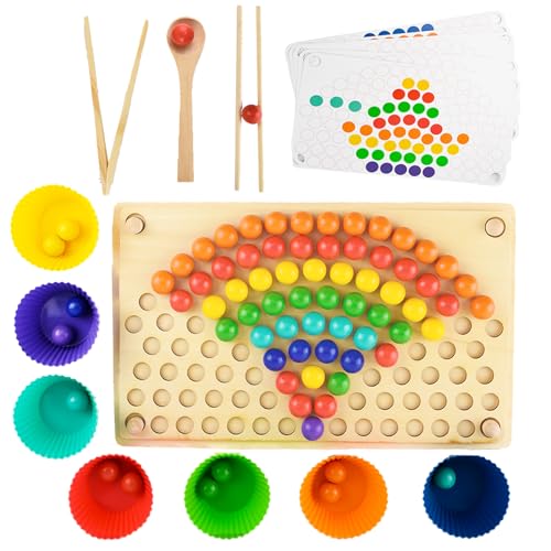 Auptiz Wooden Peg Board Beads Game,Wooden Rainbow Peg Board,Wooden Clip Beads Game,Motor Skill Montessori Toys for Toddlers Kids 3 4 5 Gift Years Preschool Learning Toys von Auptiz