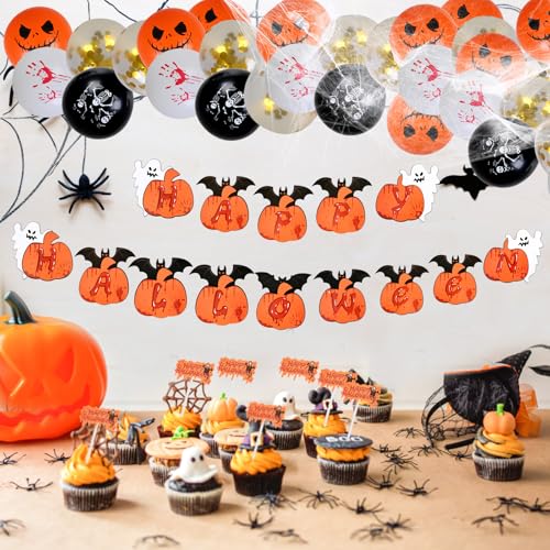 Halloween Partygeschirr Set, Halloween Teller Tableware Set, Halloween Party Zubehör Deko mit Kuchen Topper, Ballon für gruselige Halloween Geburtstagspartys von AuraBlend