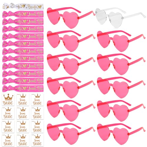 Aurasky 36 Stück JGA Brille Herz Sonnenbrille Set, Brille Team Armbänder Set jga accessoires, 12Herz Sonnenbrille+12Bride Tattoo Aufkleber+12Bride Armband Rosa von Aurasky