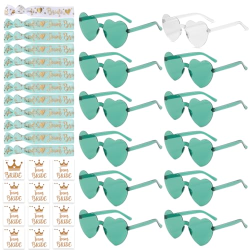 36 Stück JGA Brille Herz Sonnenbrille Set, Brille Team Armbänder Set jga accessoires, 12Herz Sonnenbrille+12Bride Tattoo Aufkleber+12Bride Armband von Aurasky