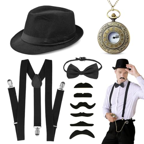 Aurasky 20er Jahre Herren Accessoires, Mafia Kostüm Zubehör Herren, 20er Outfit mit Gangster Hut Hosenträger Taschenuhr Fliege Bart Plastik Kostüm für Karneval Halloween Partys von Aurasky