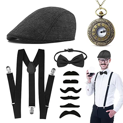 Aurasky 20er Jahre Herren Accessoires, Mafia Kostüm Zubehör Herren, 20er Outfit mit Gangster Hut Hosenträger Taschenuhr Fliege Bart 1920s Kostüm für Karneval Halloween Partys von Aurasky