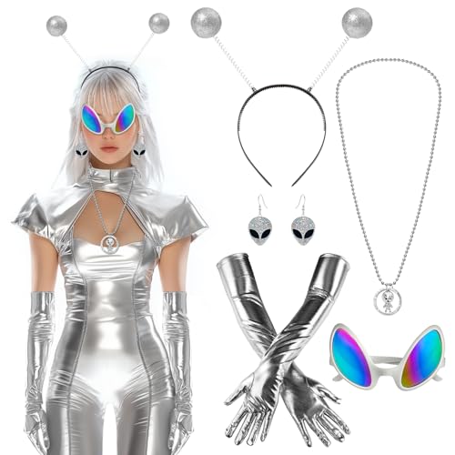 Aurasky Alien Kostüm Set, Alien Kostüm Zubehör, Alien Haarreif Ohrringe Silberne Handschuhe und Alien Brille, Alien Damen Space Costume für Karneval Halloween Cosplay Maskerade von Aurasky