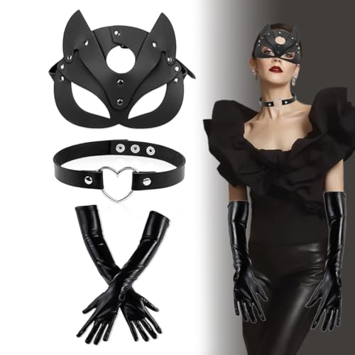 Aurasky Catwoman Maske 3pcs, Choker Gothic Handschuhe, Halloween Maske, Catwoman Kostüm Damen, Schwarze PU Leder Katzenmaske für Halloween Karneval Maskerade Fasching Party Nachtclub von Aurasky