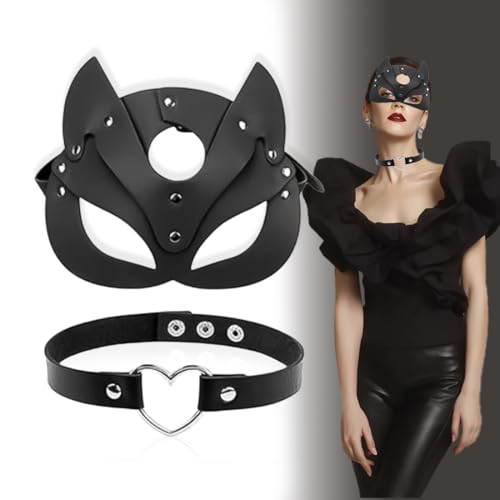 Aurasky Catwoman Maske Und Choker, Halloween Maske, Catwoman Kostüm Damen, Schwarze PU Leder Choker Katzenmaske für Halloween Karneval Maskerade Fasching Party Nachtclub von Aurasky