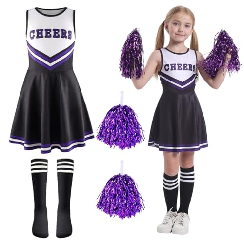 Aurasky Cheerleader Kostüm Kinder,Cheerleadering Outfit Mädchen, Cheerleader Kleid Mädchen mit Pompoms Socken, Cheer Uniformen für Karneval Fasching Halloween MottoParty von Aurasky