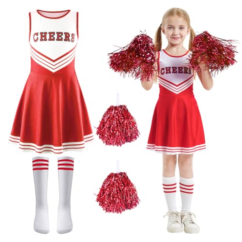 Aurasky Cheerleader Kostüm Kinder,Cheerleadering Outfit Mädchen, Cheerleader Kleid Mädchen mit Pompoms Socken, Cheer Uniformen für Karneval Fasching Halloween Mottoparty von Aurasky