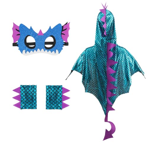 Aurasky Dinosaurier Umhang Kinder, Dino Kostüm Cape mit Mask Handschuhe, Drachen Mantel für Jungen Mädchen für Karneval Halloween Fasching Cosplay Party(Blau) von Aurasky