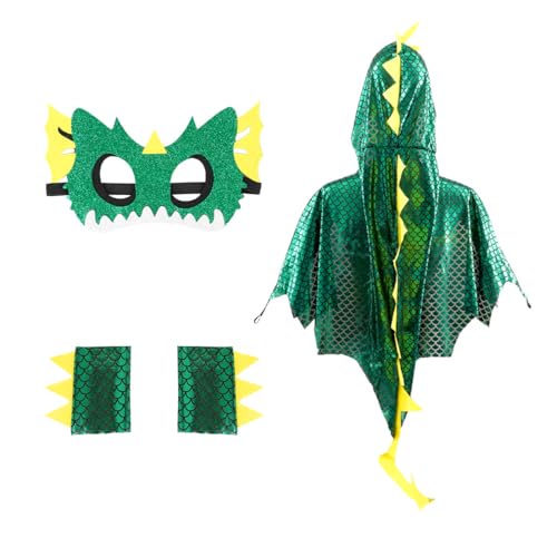 Aurasky Dinosaurier Umhang Kinder, Dino Kostüm Cape mit Mask Handschuhe, Drachen Mantel für Jungen Mädchen für Karneval Halloween Fasching Cosplay Party(Grün) von Aurasky