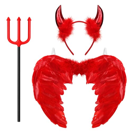 Aurasky Engelsflügel Rot, Teufelshörner Dreizack, Engel Kostüm, Teufel Kostüm, Engel Flügel, Angel Wings für Kinder Erwachsene Halloween Karneval Maskerade Fasching Party Cosplay von Aurasky