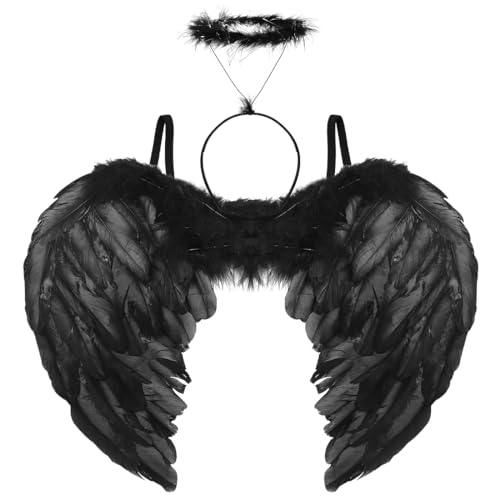 Aurasky Engelsflügel Schwarz mit Heiligenschein, Teufel Kostüm Damen, Schwarzer Engel Kostüm, Angel Wings für Kinder Erwachsene Halloween Karneval Maskerade Fasching Party Cosplay von Aurasky