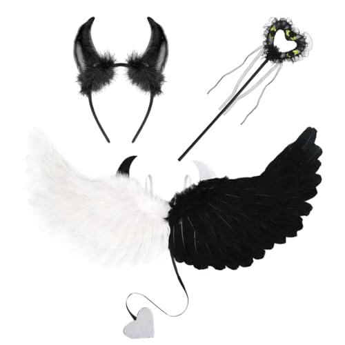 Aurasky Engelsflügel Weiß Schwarz, Engel Kostüm mit Teufelshörner Zauberstab, Teufel Kostüm Damen, Angel Wings für Kinder Erwachsene Halloween Karneval Maskerade Fasching Party Cosplay von Aurasky