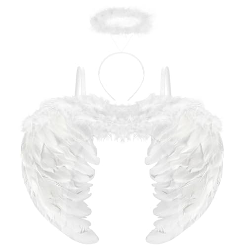 Aurasky Engelsflügel Weiß mit Heiligenschein, Engel Kostüm, Engelsflügel Weiß, Engel Flügel, Angel Wings für Kinder Erwachsene Halloween Karneval Maskerade Fasching Party Cosplay von Aurasky